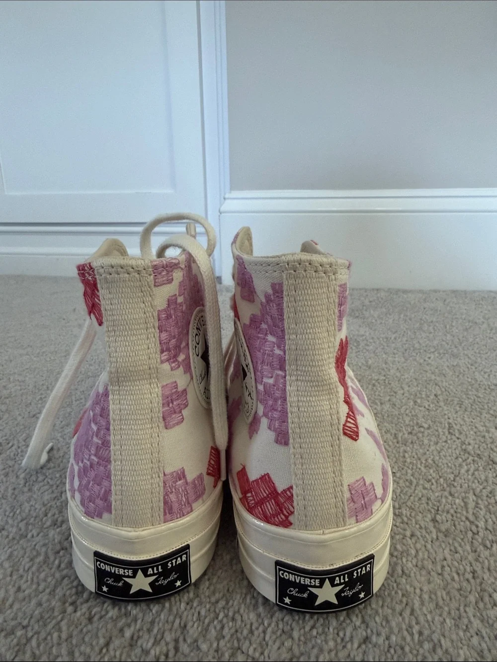 Graphic High-Top Sneakers in Cream with Pink & Red Cross Motif
